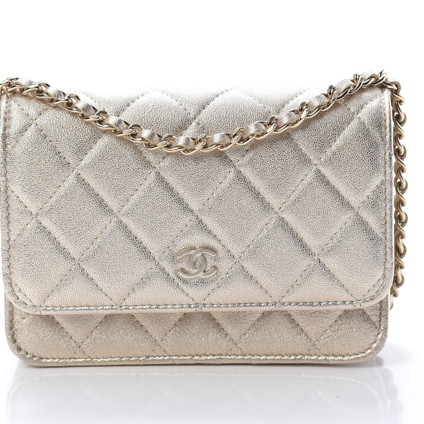 Metallic Lambskin Quilted Mini Wallet On Chain WOC Gold