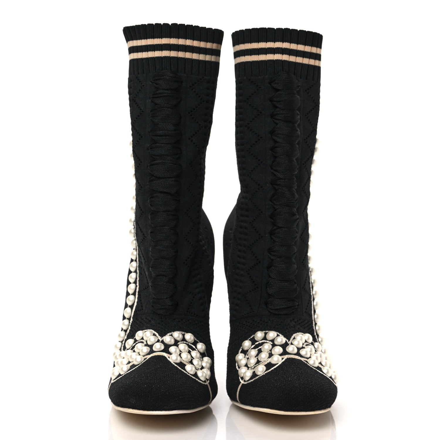 Fendi Stretch Fabric Pearl Embellished Openwork Rockoko 105mm Sock Boots 37 Black 2 of 6