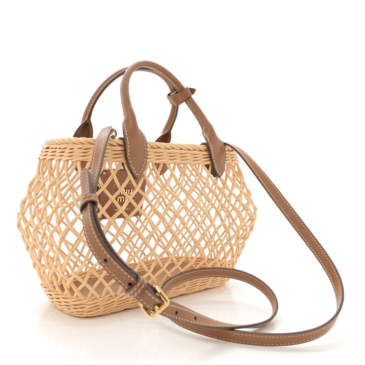 Woven Fabric Calfskin Logo Basket Bag Tan Caramel