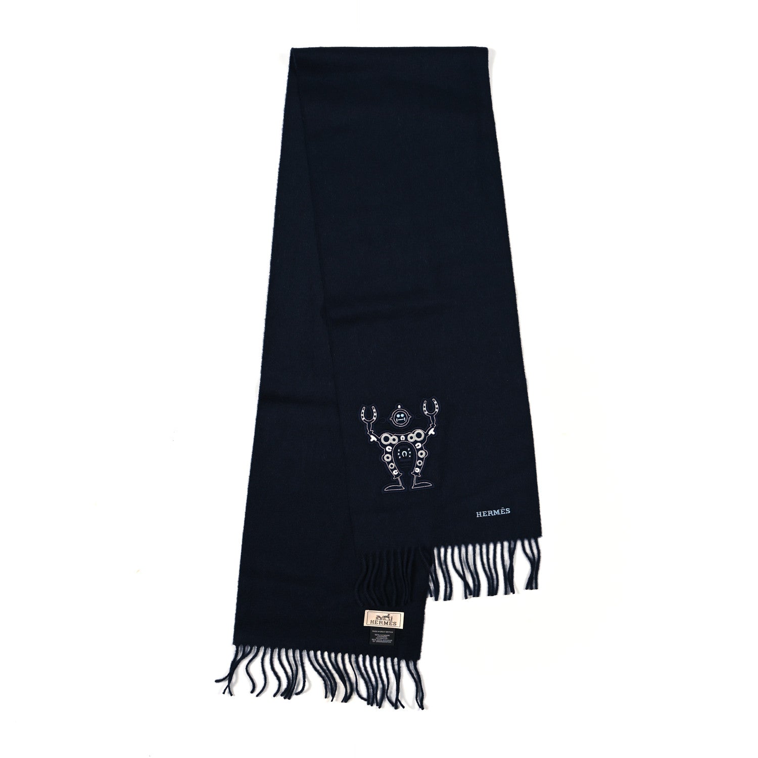 Hermes Cashmere Mr Farrier Patch Detail Muffler Marine 2 of 3