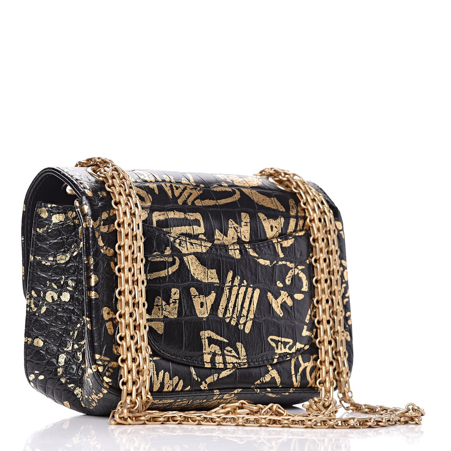 Calfskin Crocodile Embossed Graffiti 2.55 Mini Cocodile Reissue Flap Black Gold