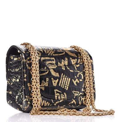 Chanel Calfskin Crocodile Embossed Graffiti 2.55 Mini Cocodile Reissue Flap Black Gold 4 of 11