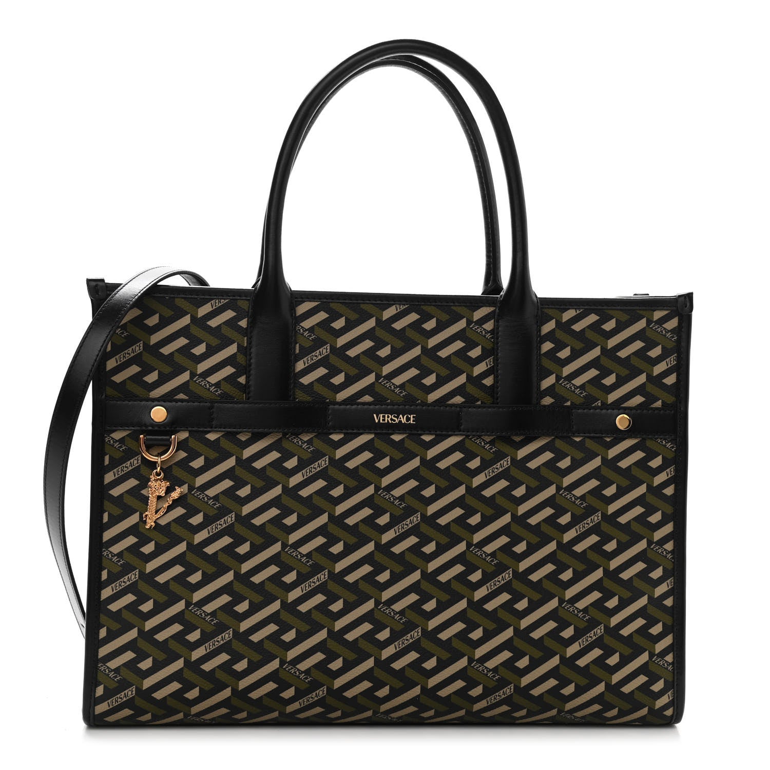 Versace Coated Canvas Calfskin La Greca Signature Tote Bag Black Khaki 1 of 10