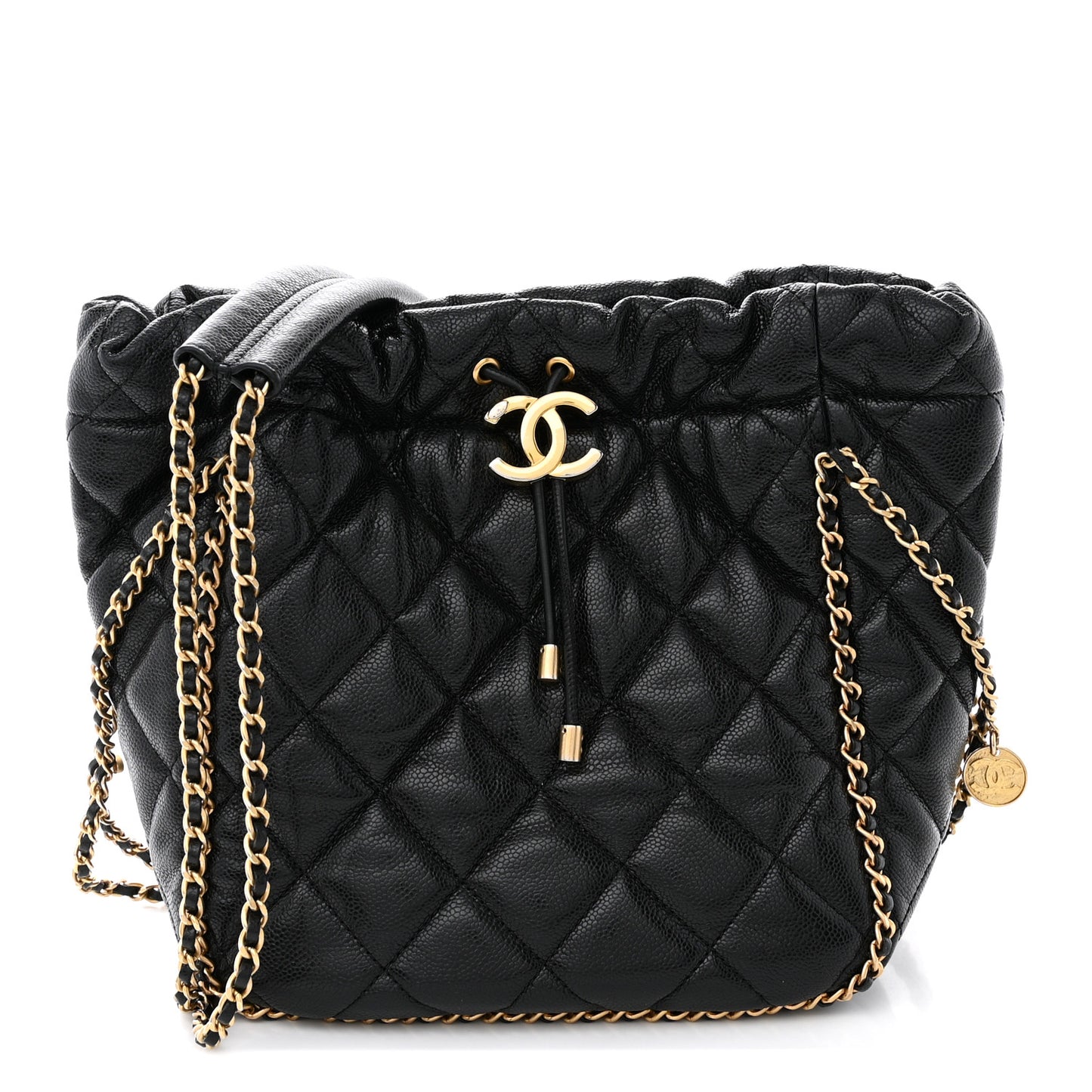 Caviar Quilted Chain Around Multi Chain Bucket Drawstring Bag Black