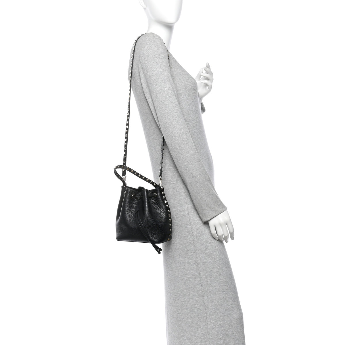 Grained Calfskin Rockstud Bucket Bag Black