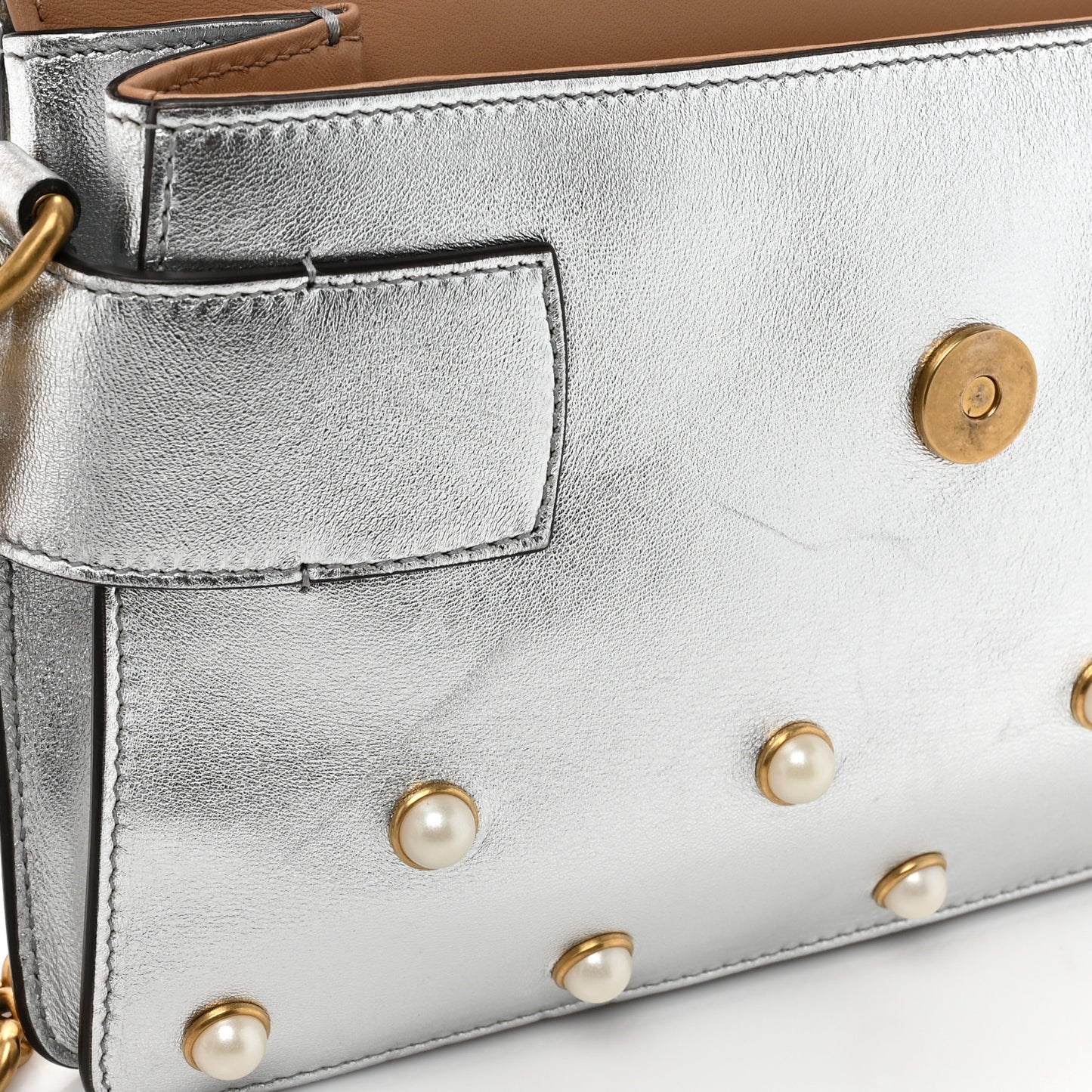 Metallic Nappa Pearl Studded Mini Queen Margaret Broadway Shoulder Bag Silver