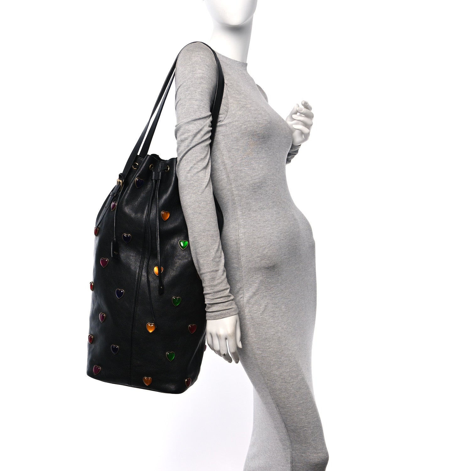 Saint Laurent Lambskin Medium Heart Studded Riva Drawstring Bag Black 2 of 11