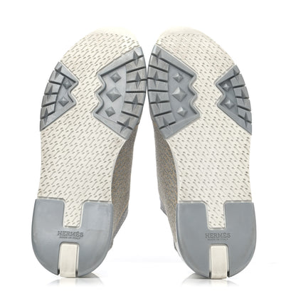 Hermes Metallic Knit Calfskin Suede Goatskin Bi-Color Womens Addict Sneakers 37 Multicolor Gris Argent 4 of 4