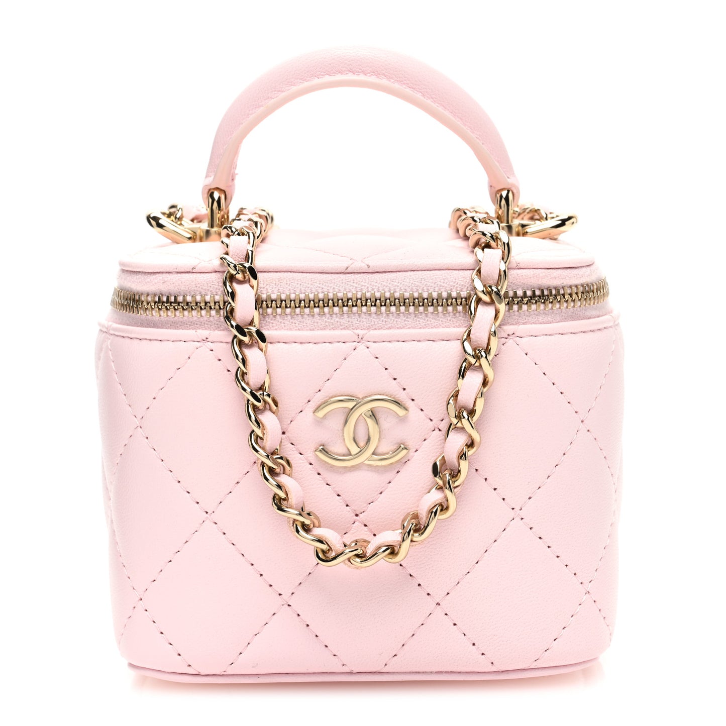 Lambskin Quilted Top Handle Mini Vanity Case With Chain Light Pink