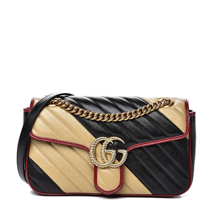 Gucci Vintage Effect Calfskin Matelasse Diagonal Striped Small Torchon GG Marmont Shoulder Bag Black Beige 1 of 11