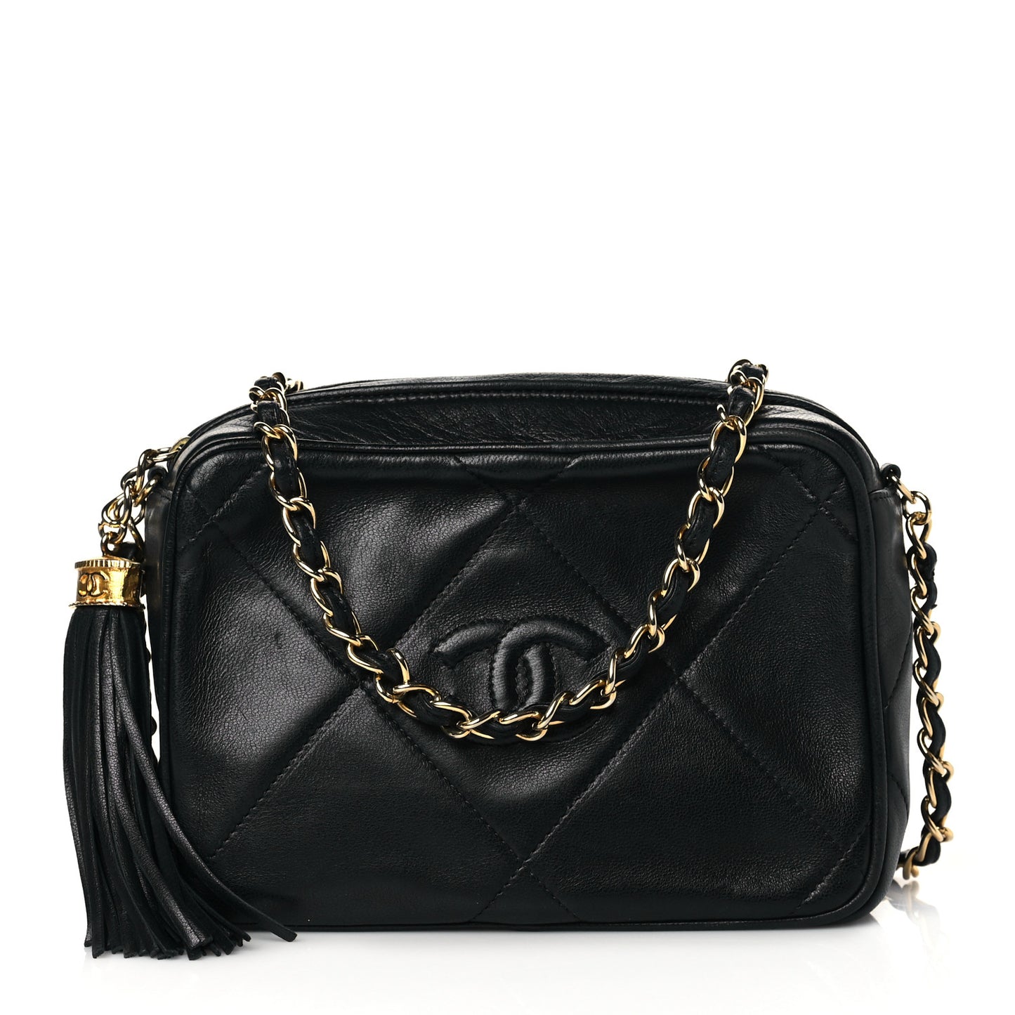 Lambskin Quilted CC Tassel Camera Case Black