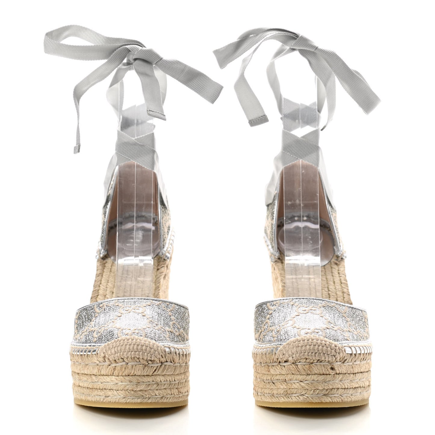 Lame GG Monogram Ankle Wrap Platform Espadrille Wedges 36 Silver Beige Light Grey