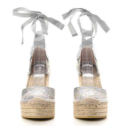 Gucci Lame GG Monogram Ankle Wrap Platform Espadrille Wedges 36 Silver Beige Light Grey 2 of 10