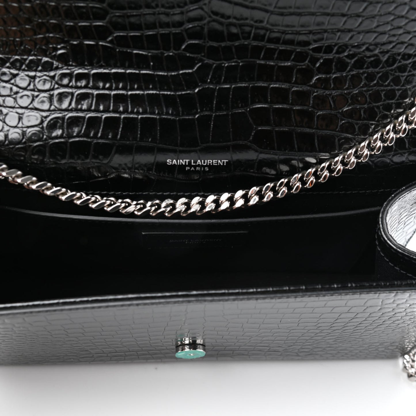 Calfskin Crocodile Embossed Medium Classic Monogram Kate Tassel Satchel Black