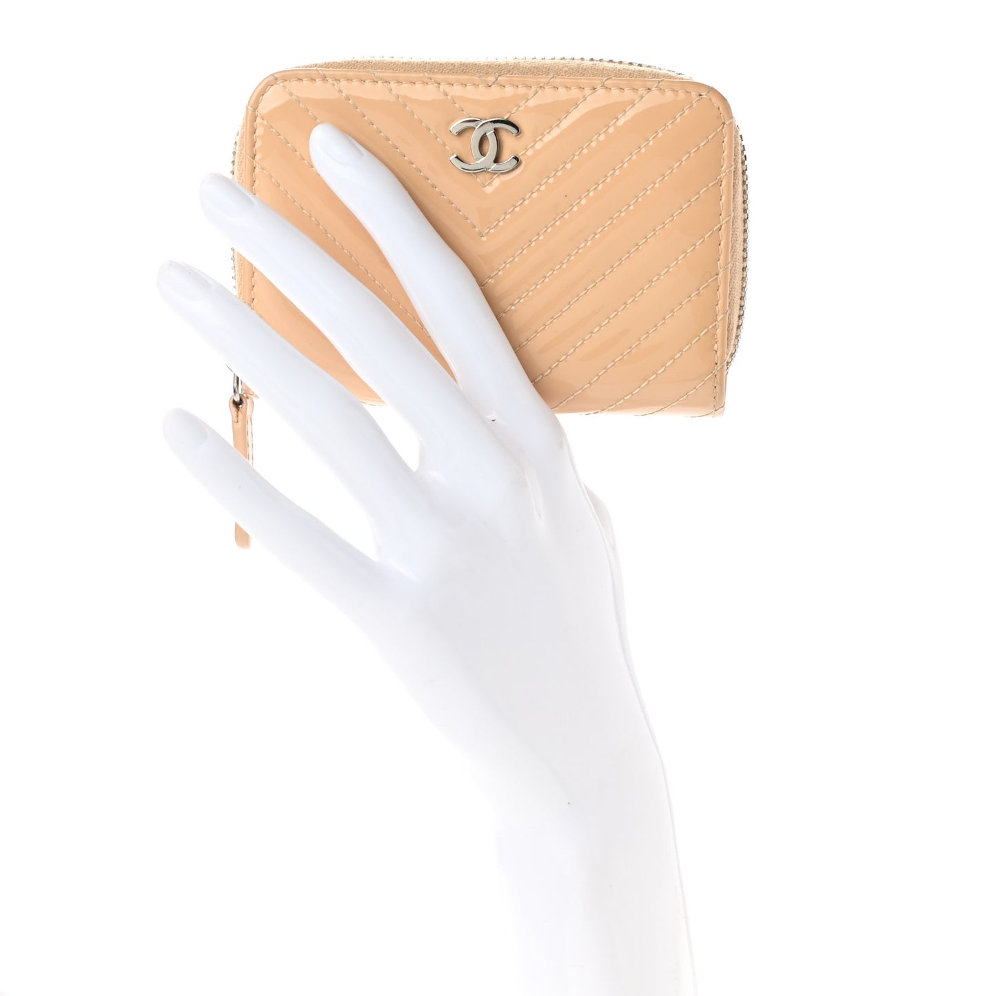 Patent Chevron Quilted Zip Around Coin Purse Beige