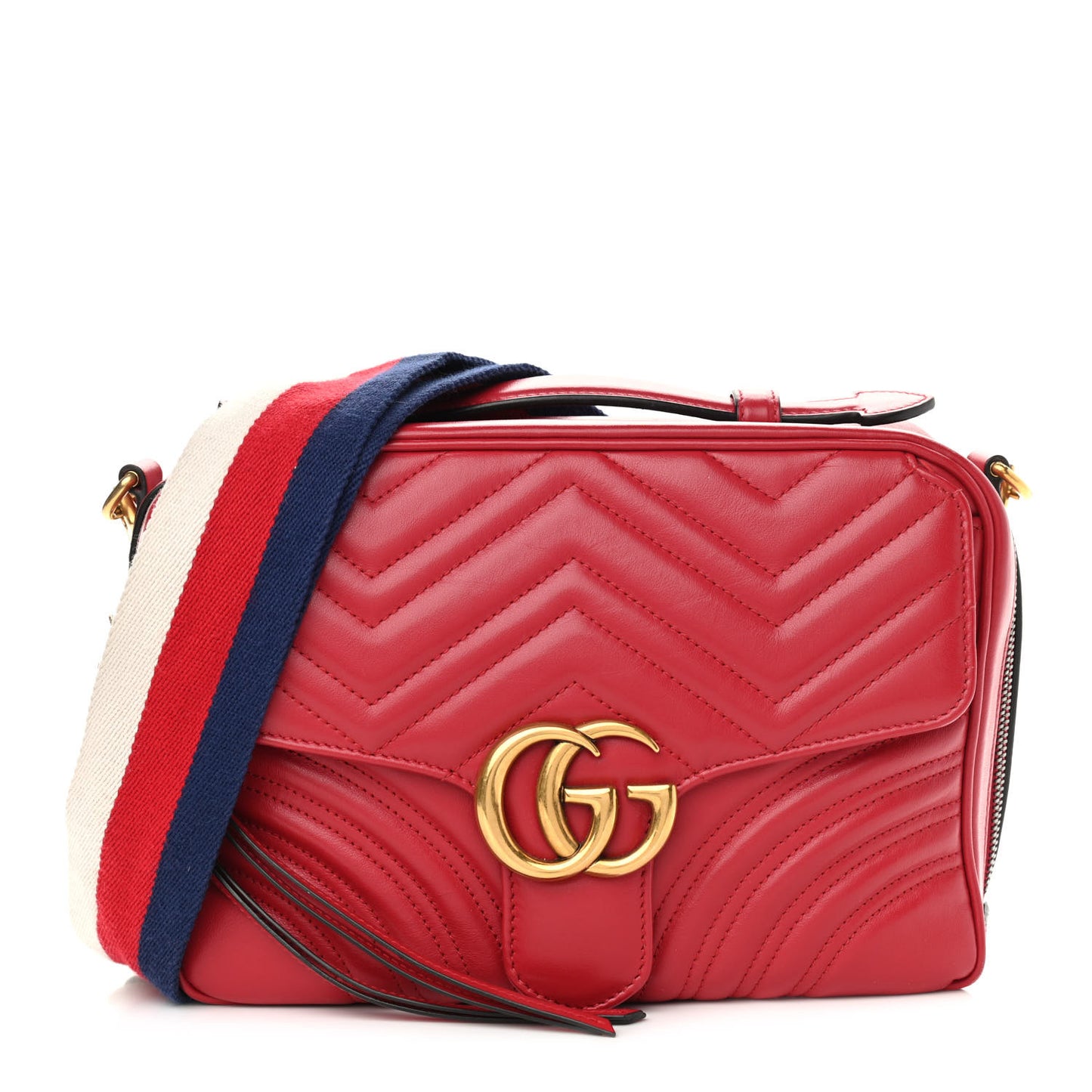 Calfskin Matelasse Sylvie Web Small GG Marmont Top Handle Shoulder Bag Hibiscus Red