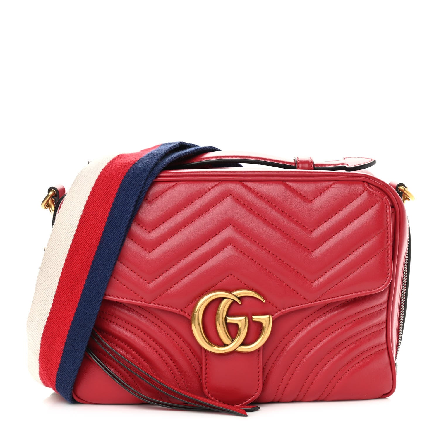 Gucci Calfskin Matelasse Sylvie Web Small GG Marmont Top Handle Shoulder Bag Hibiscus Red 1 of 11