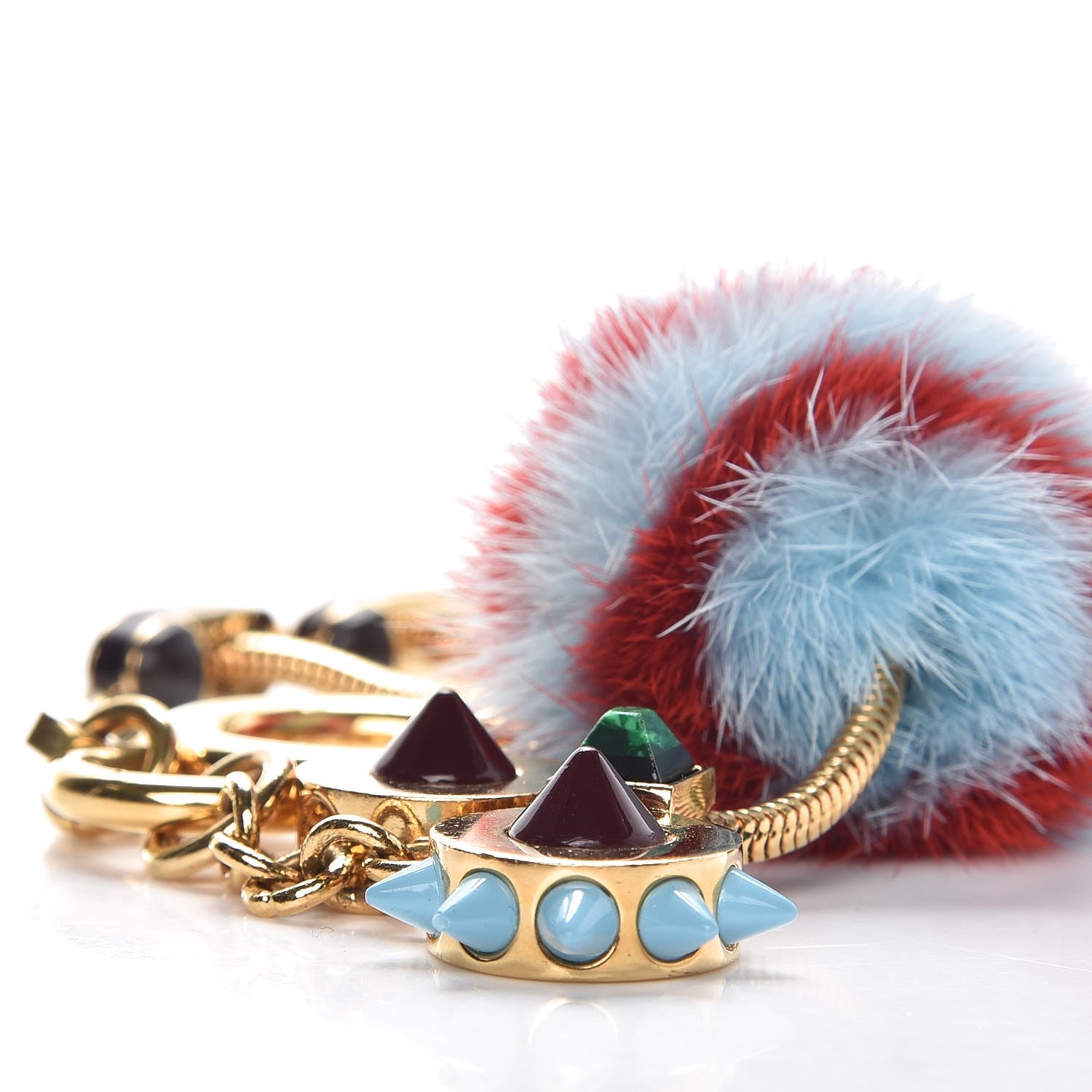 Fendi Mink Fur Ostrich Bag Charm Light Blue Red 4 of 5