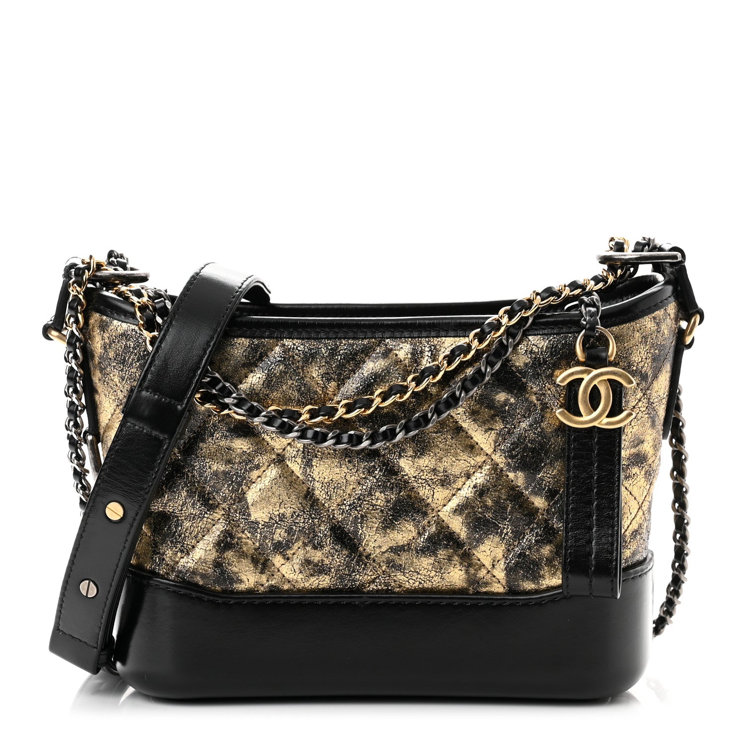 Chanel Metallic Crumpled Goatskin Quilted Small Gabrielle Hobo Black Gold 1 of 9