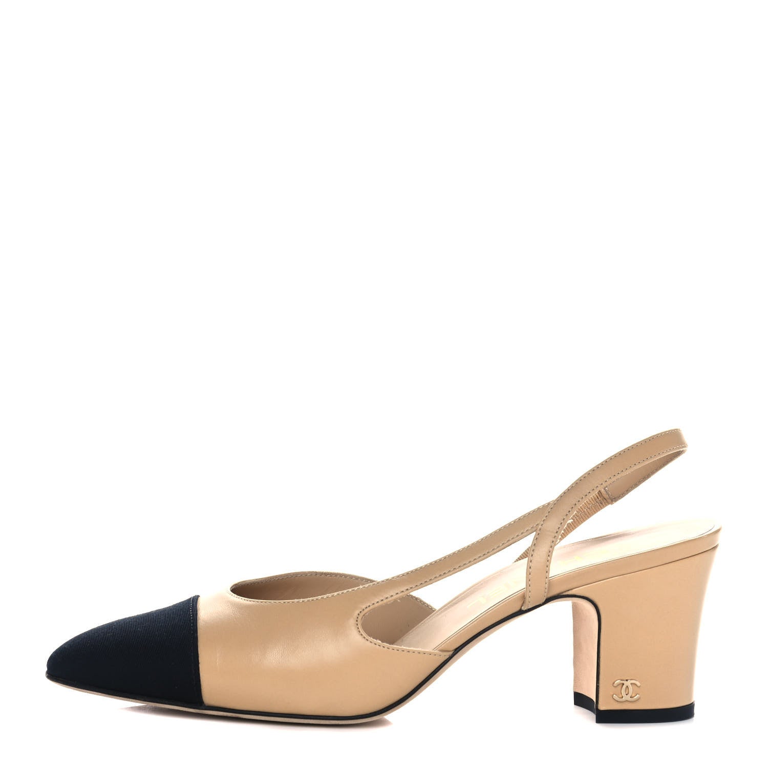 Chanel Goatskin Grosgrain Cap Toe CC Slingback Pumps 39 Beige Black 1 of 9