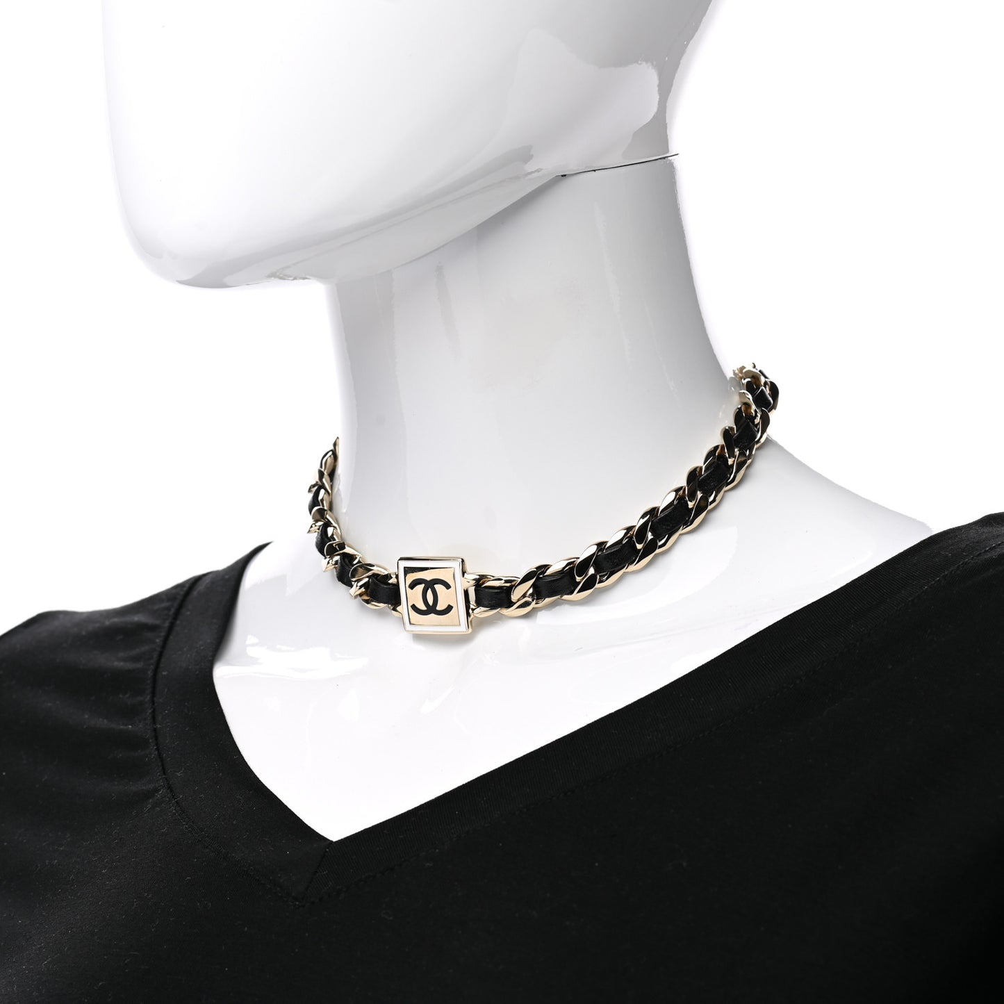 Metal Lambskin CC Square Choker Gold Black White
