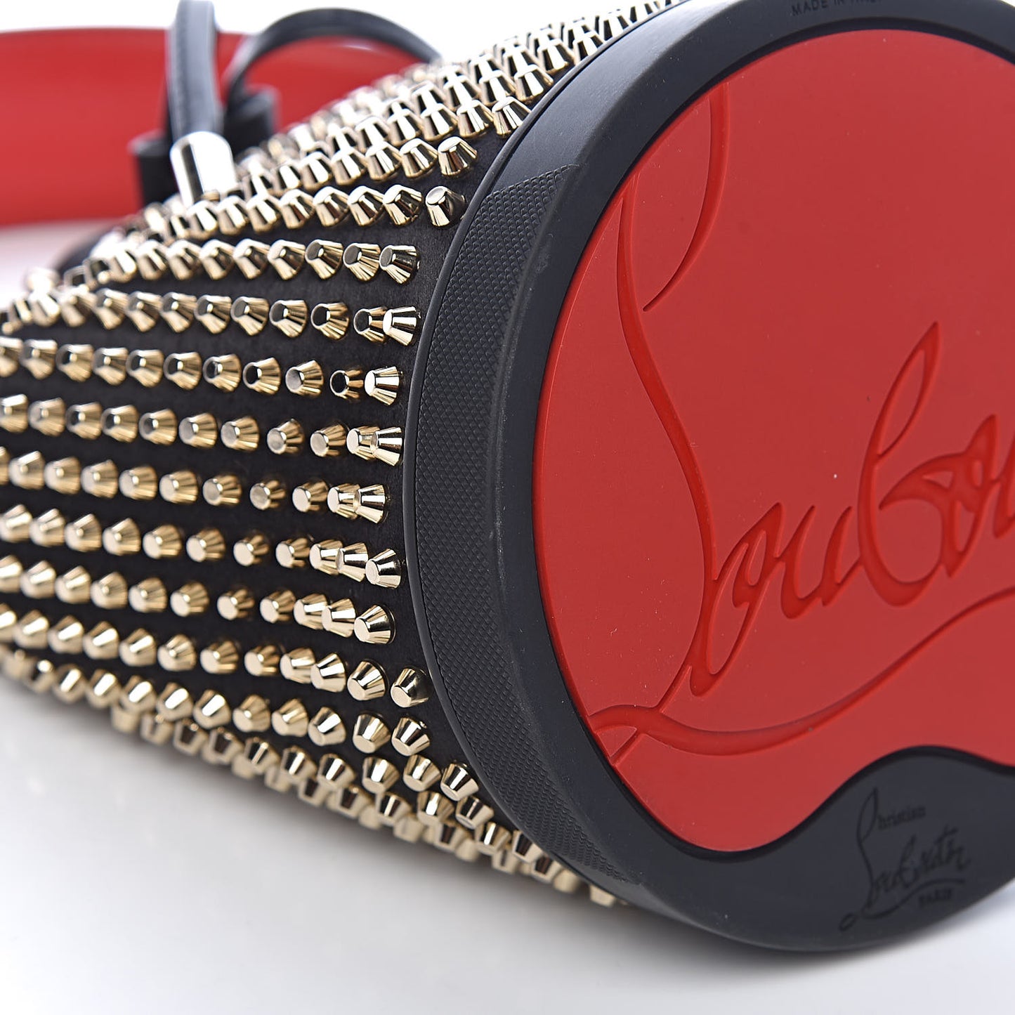 Silk Satin Calfskin Marie Jane Loubirun Studded Bucket Black Gold Platine