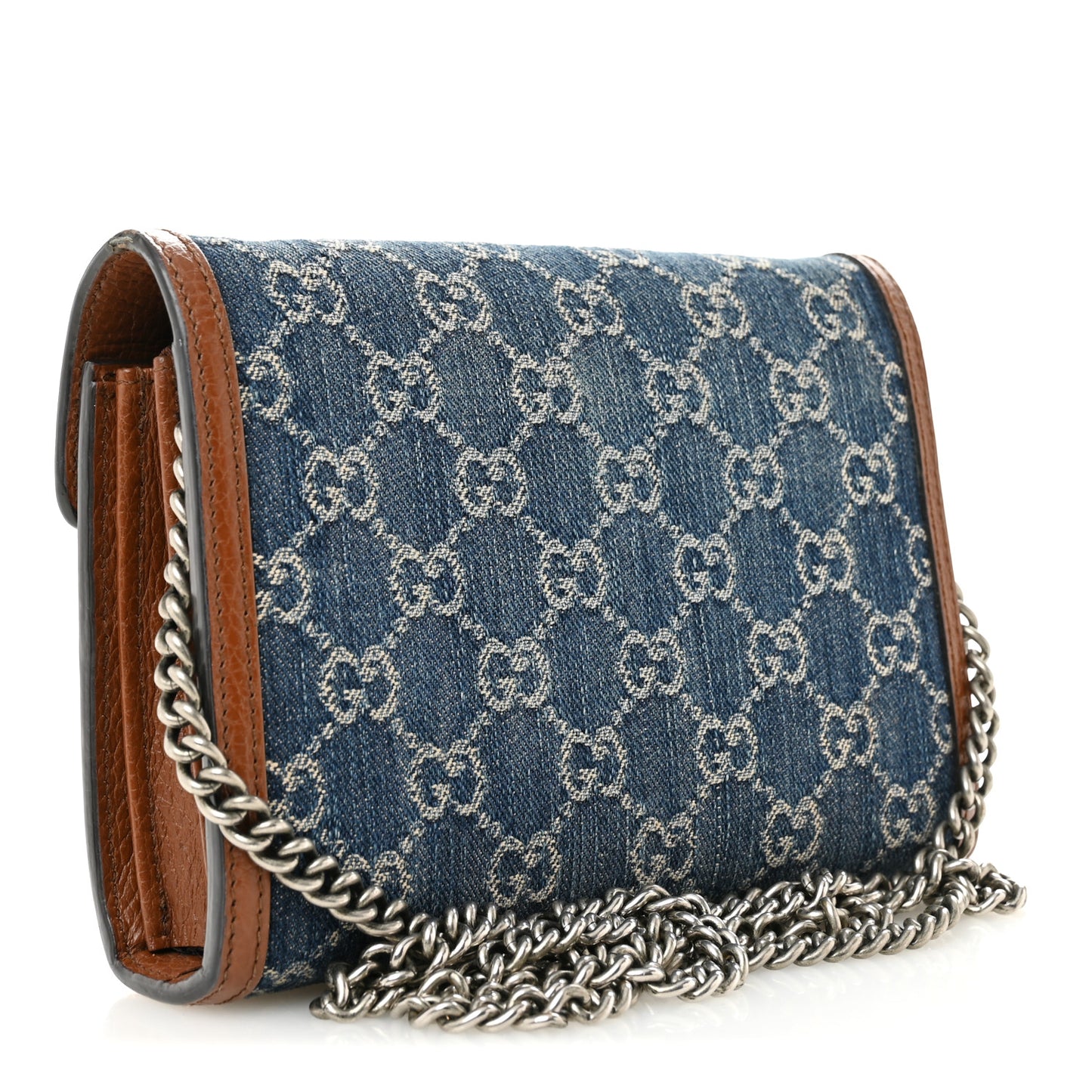New Denim GG Monogram Dollar Calfskin Enamel Mini Dionysus Chain Wallet Blue Tea Cuir Epilog Electric Blue