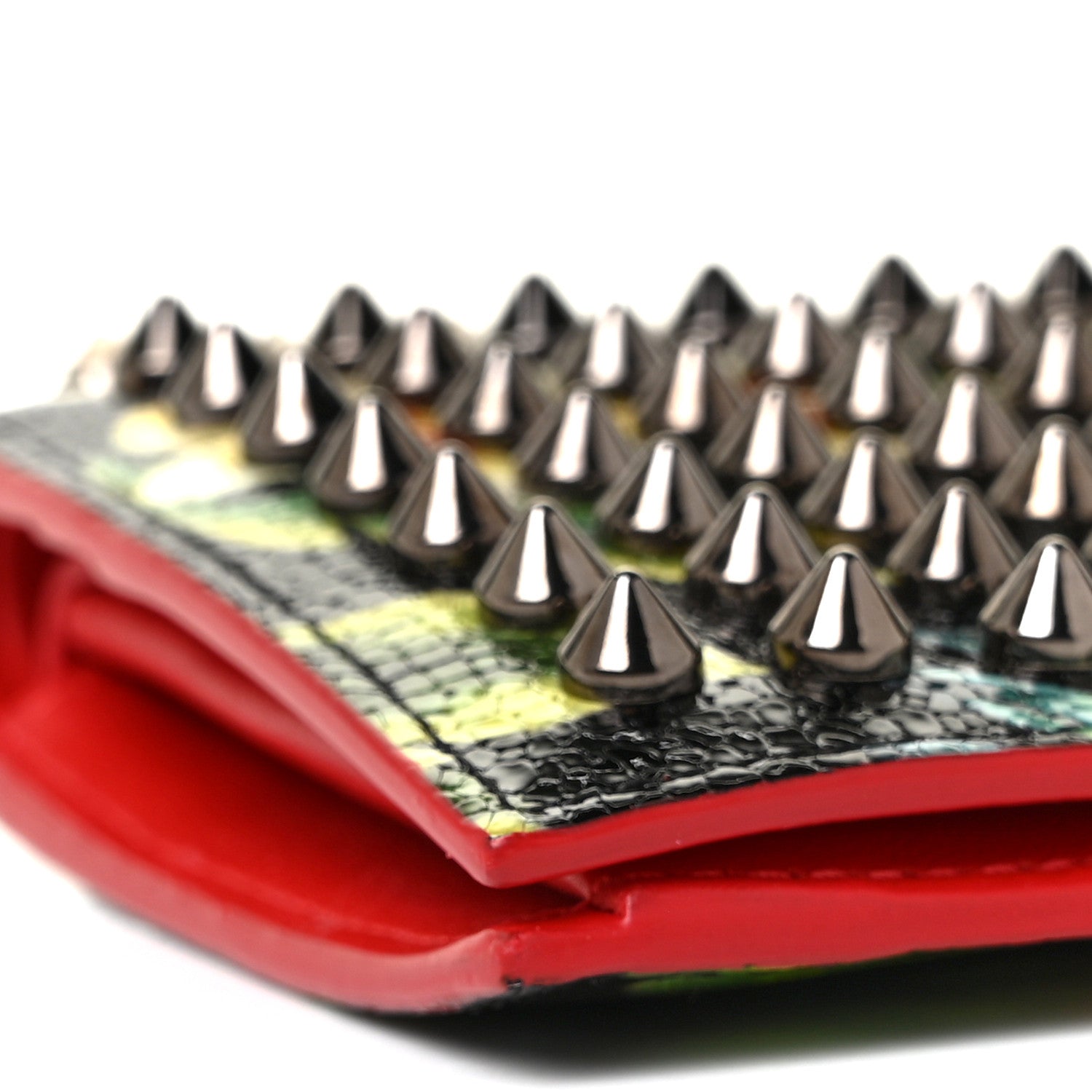 Christian Louboutin Crackled Calfskin Hawaii Print Paros Spikes Wallet Black Gunmetal 7 of 9