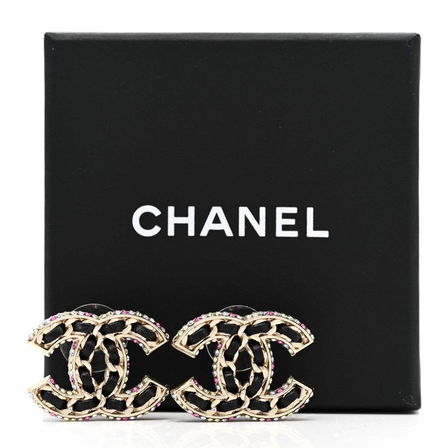 Chanel Lambskin Crystal CC Chain Earrings Black Gold Multicolor 5 of 5