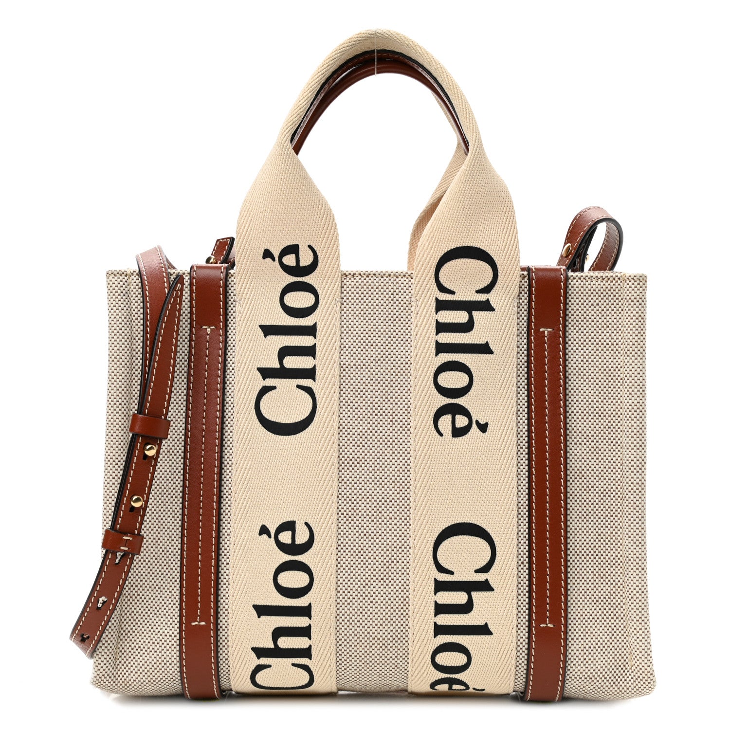 Chloe Cotton Calfskin Small Woody Ribbon Tote With Strap White Brown 1 of 10