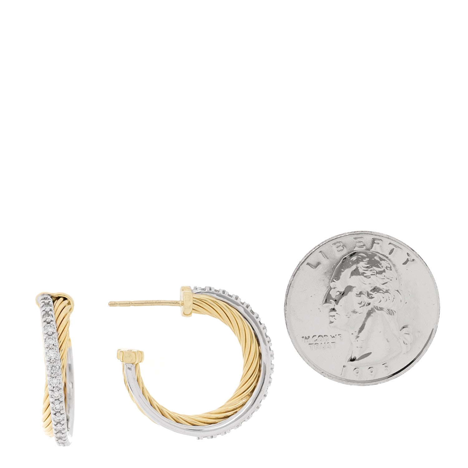David Yurman 18K Yellow White Gold Diamond 23mm Crossover Cable Hoop Earrings 2 of 4