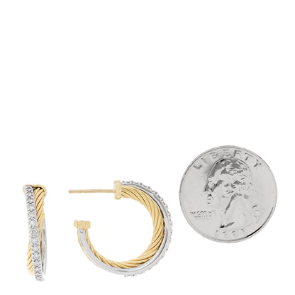 David Yurman 18K Yellow White Gold Diamond 23mm Crossover Cable Hoop Earrings 2 of 4