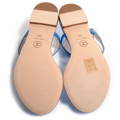 Chanel Shiny Kidskin CC Logo Thong Sandals Blue 35 4 of 6