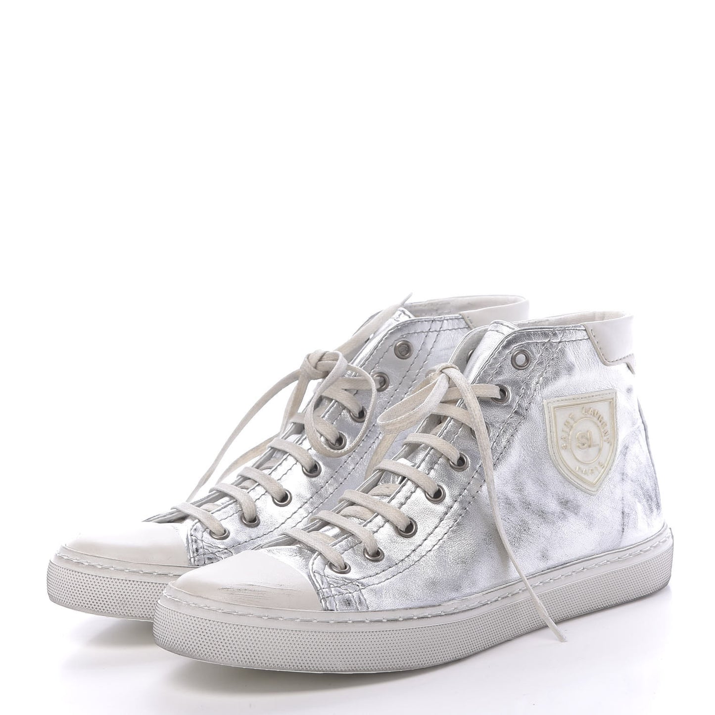 Distressed Calfskin Bedford Logo-Appliqued Hightop Sneakers 38 Argento Cream White
