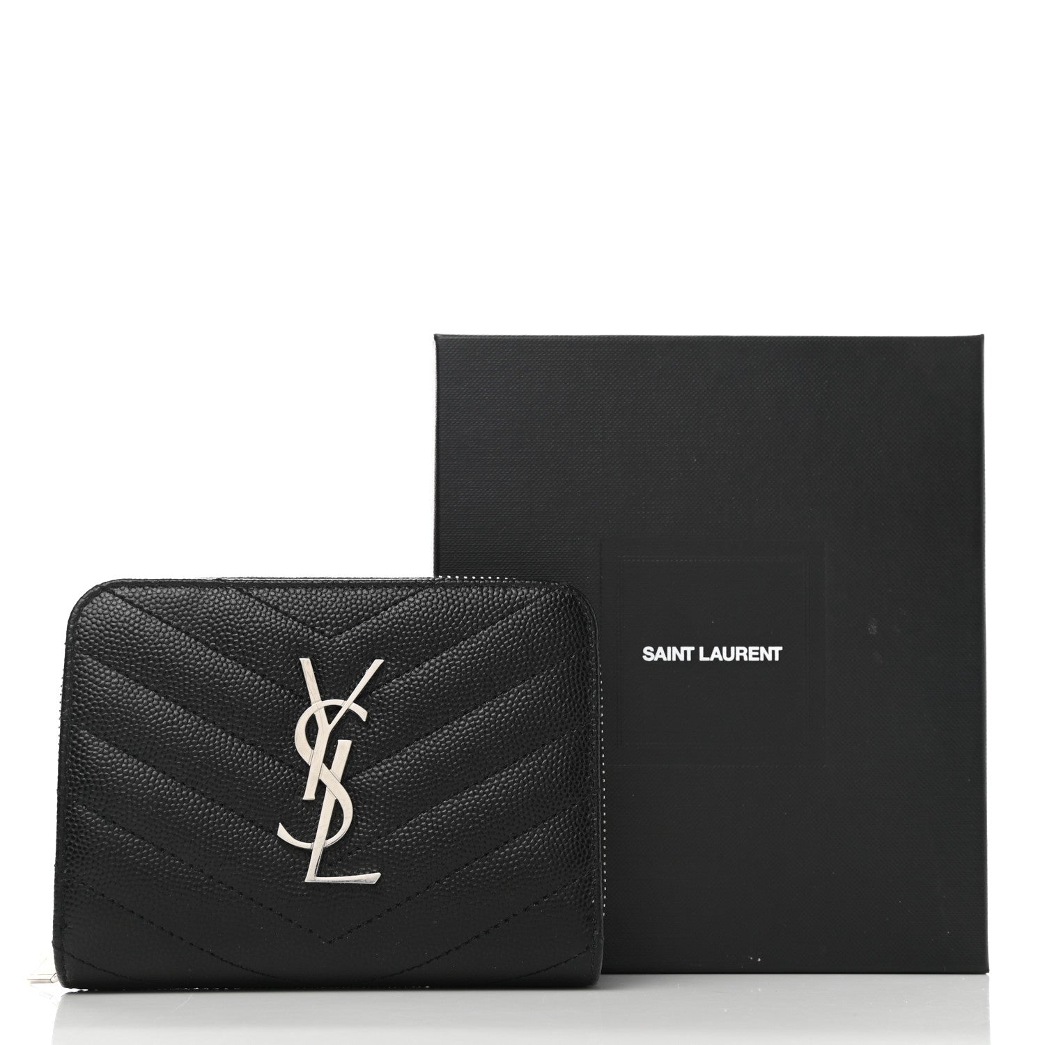 Saint Laurent Grain De Poudre Matelasse Chevron Monogram Compact Zip Around Wallet Black 9 of 9