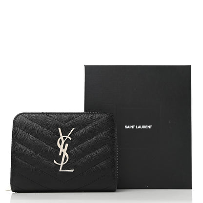 Saint Laurent Grain De Poudre Matelasse Chevron Monogram Compact Zip Around Wallet Black 9 of 9