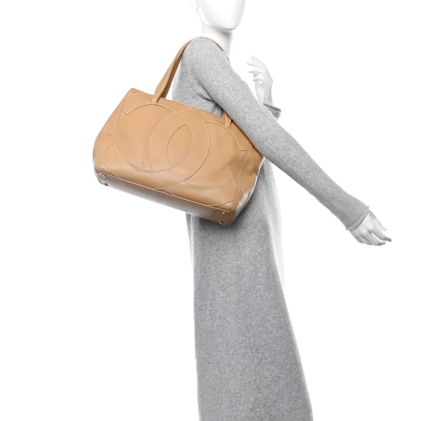 Caviar CC Stitched Medium Tote Beige