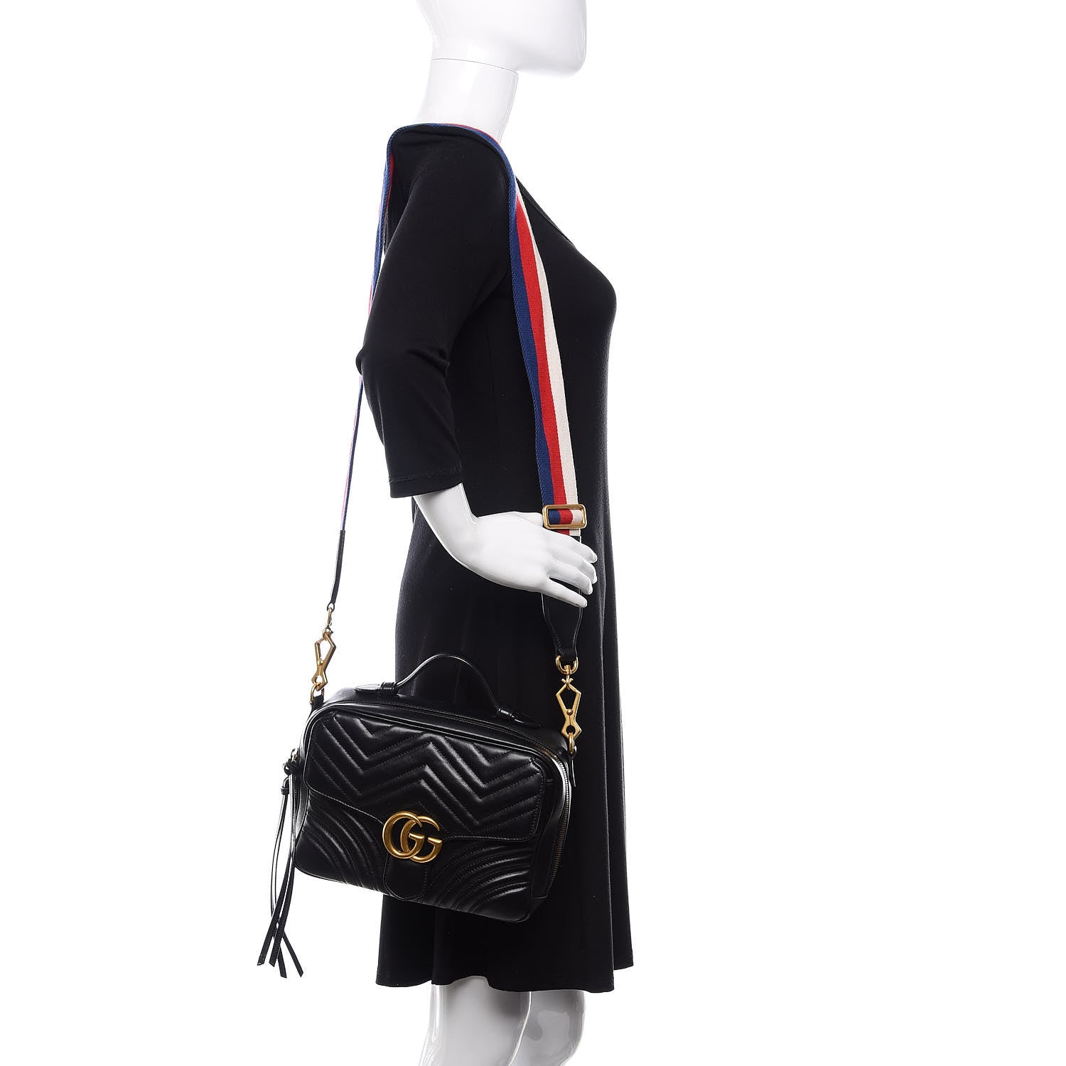 Gucci Calfskin Matelasse Sylvie Web Small GG Marmont Top Handle Shoulder Bag Black 3 of 22