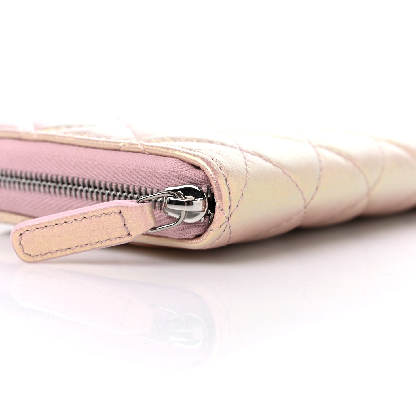 Iridescent Lambskin Quilted Large Gusset Zip Around Wallet Pink