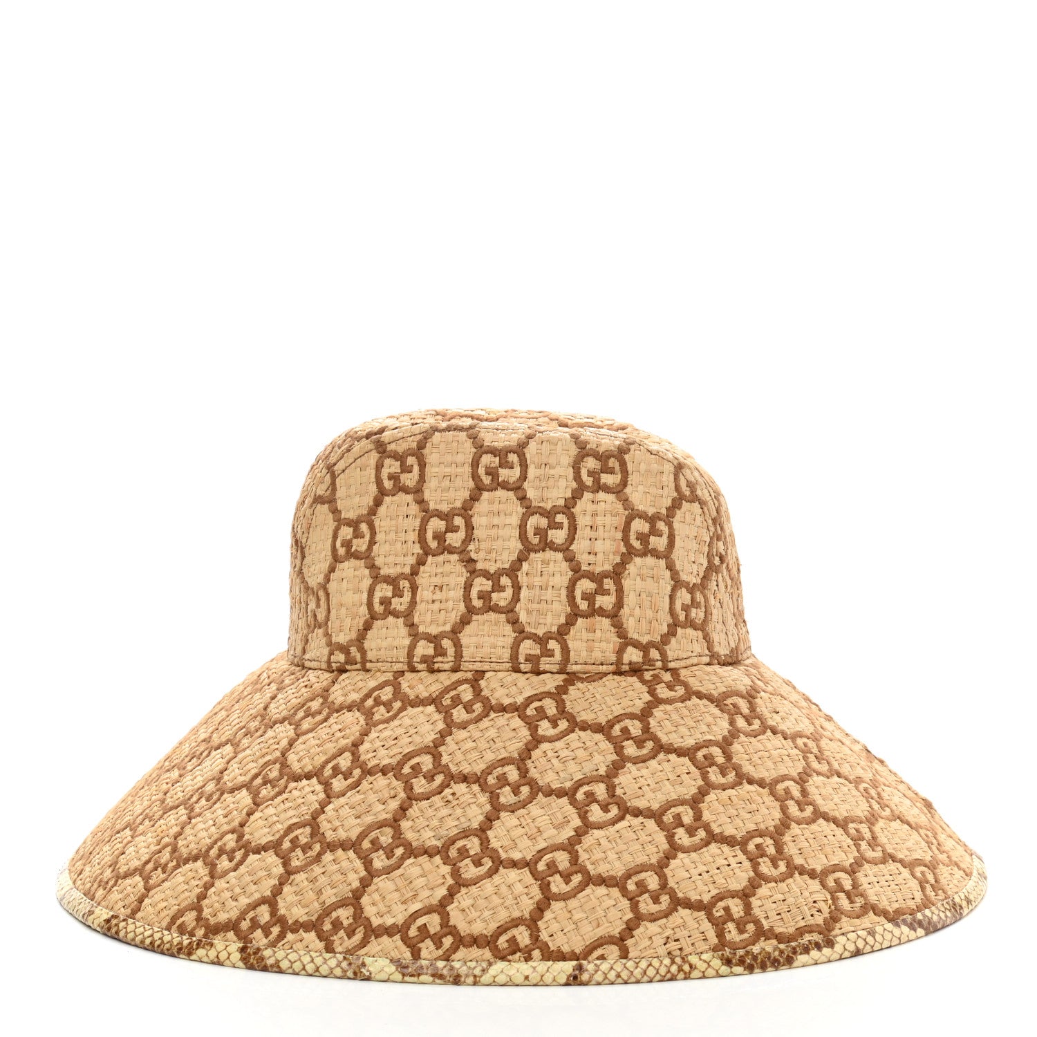 Gucci Raffia Elaphe GG Monogram Embroidered Wide Brim Hat Ivory Dark Brown 4 of 9