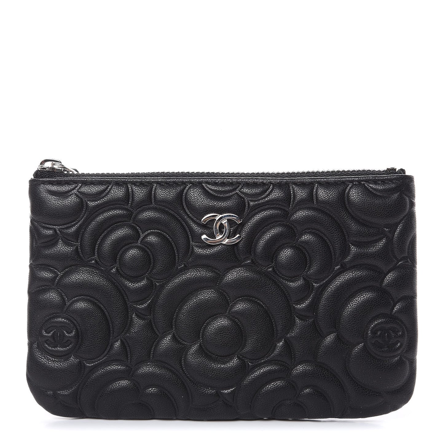 Goatskin Camellia Embossed Cosmetic Pouch Black
