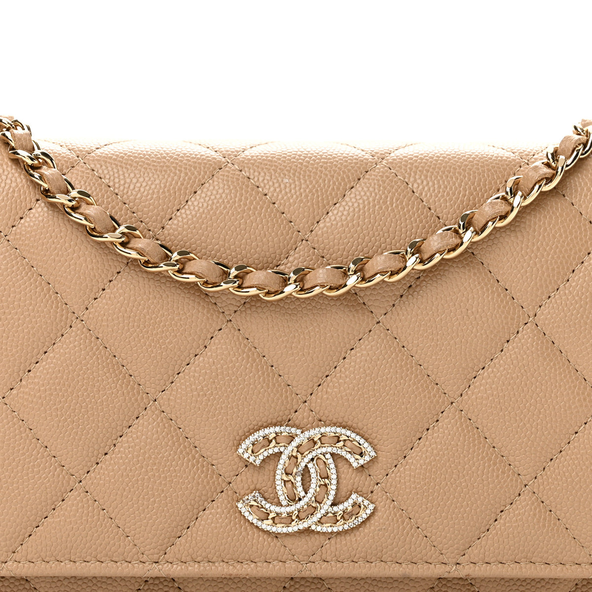 Caviar Quilted Crystal CC Wallet On Chain WOC Beige