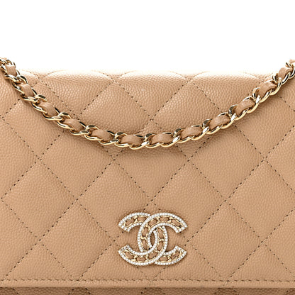 Chanel Caviar Quilted Crystal CC Wallet On Chain WOC Beige 9 of 13