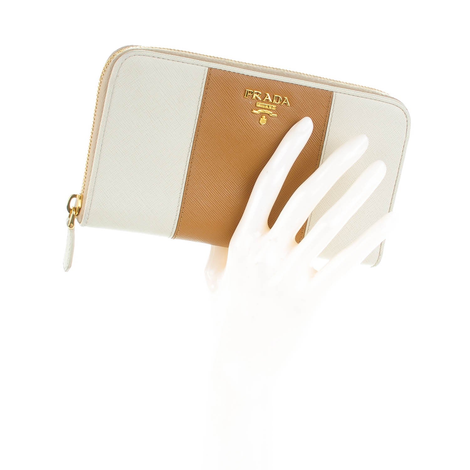Prada Saffiano Bi-Color Metal Zip Around Wallet Talco Caramel 2 of 9