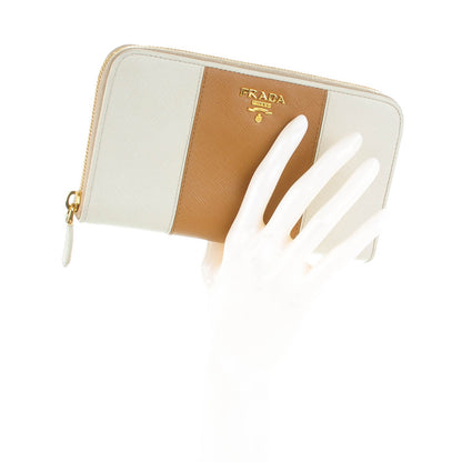 Prada Saffiano Bi-Color Metal Zip Around Wallet Talco Caramel 2 of 9