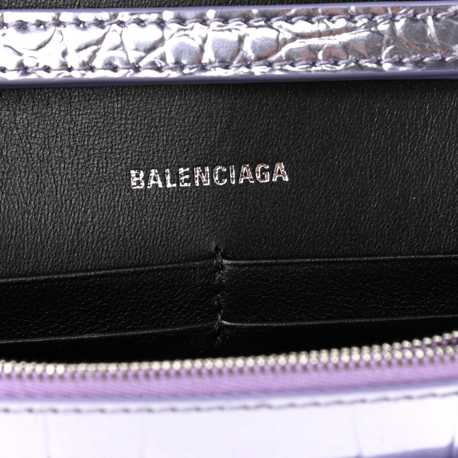 Balenciaga Shiny Metallic Calfskin Crocodile Embossed Hourglass Chain Bag Lilac 6 of 9
