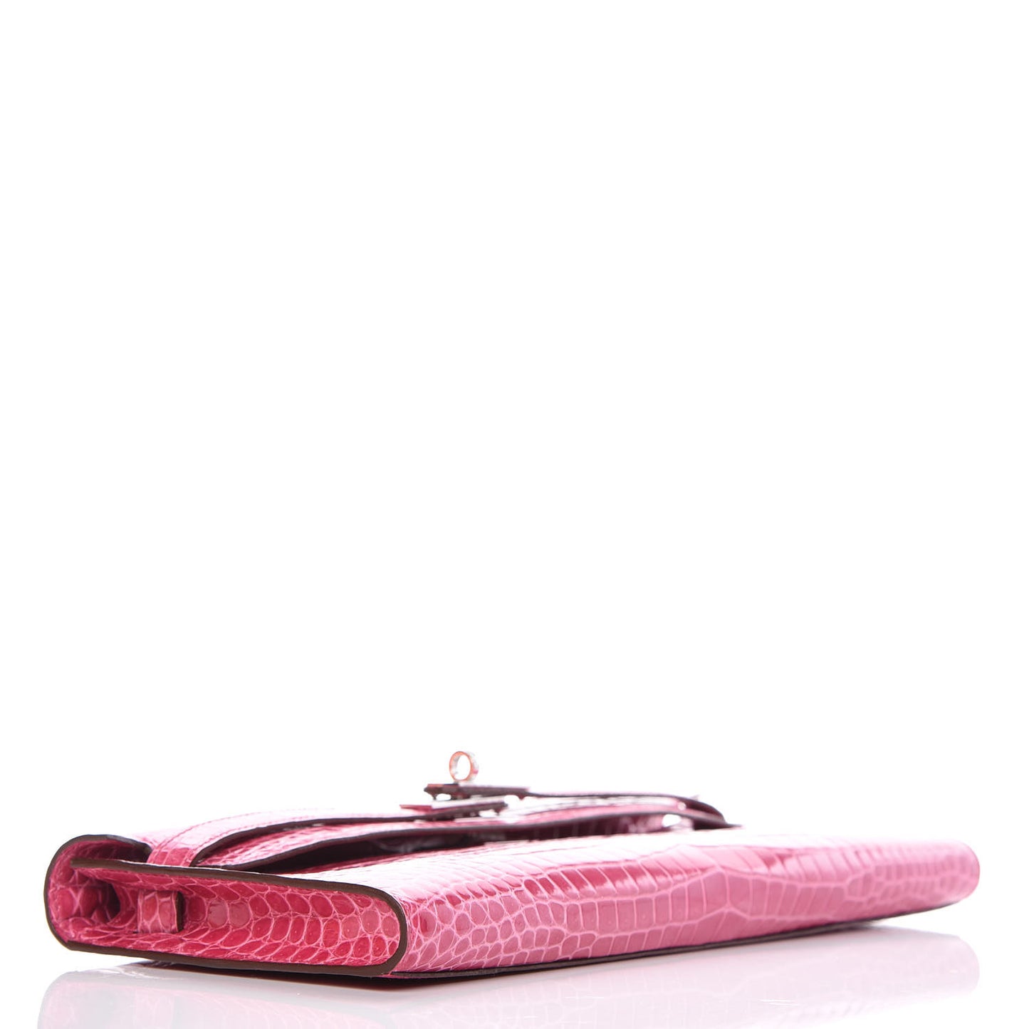 Shiny Porosus Crocodile 18K White Gold Diamond Kelly Cut Pochette Rose Tyrien