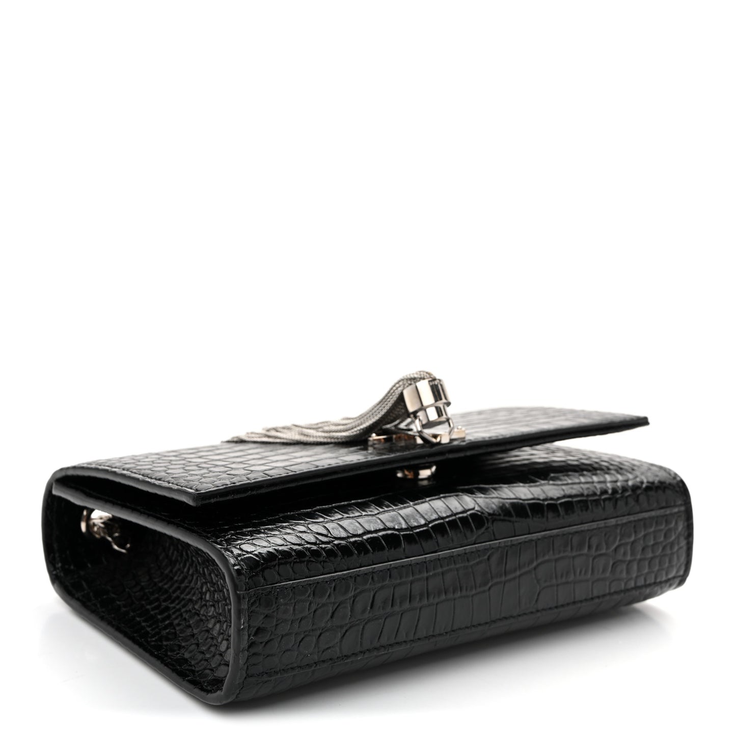 Calfskin Crocodile Embossed Small Classic Monogram Kate Tassel Satchel Black