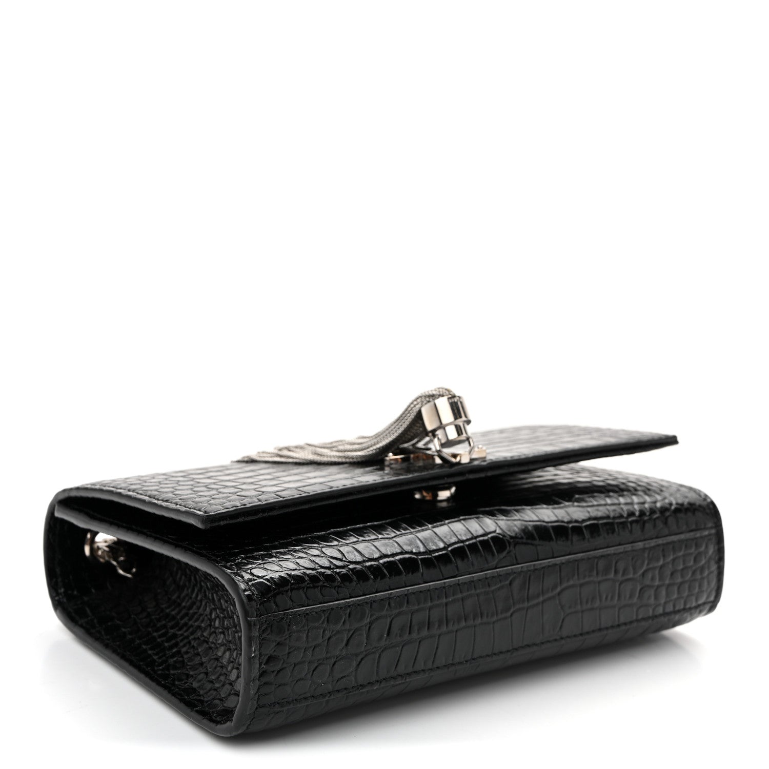 Saint Laurent Calfskin Crocodile Embossed Small Classic Monogram Kate Tassel Satchel Black 4 of 9