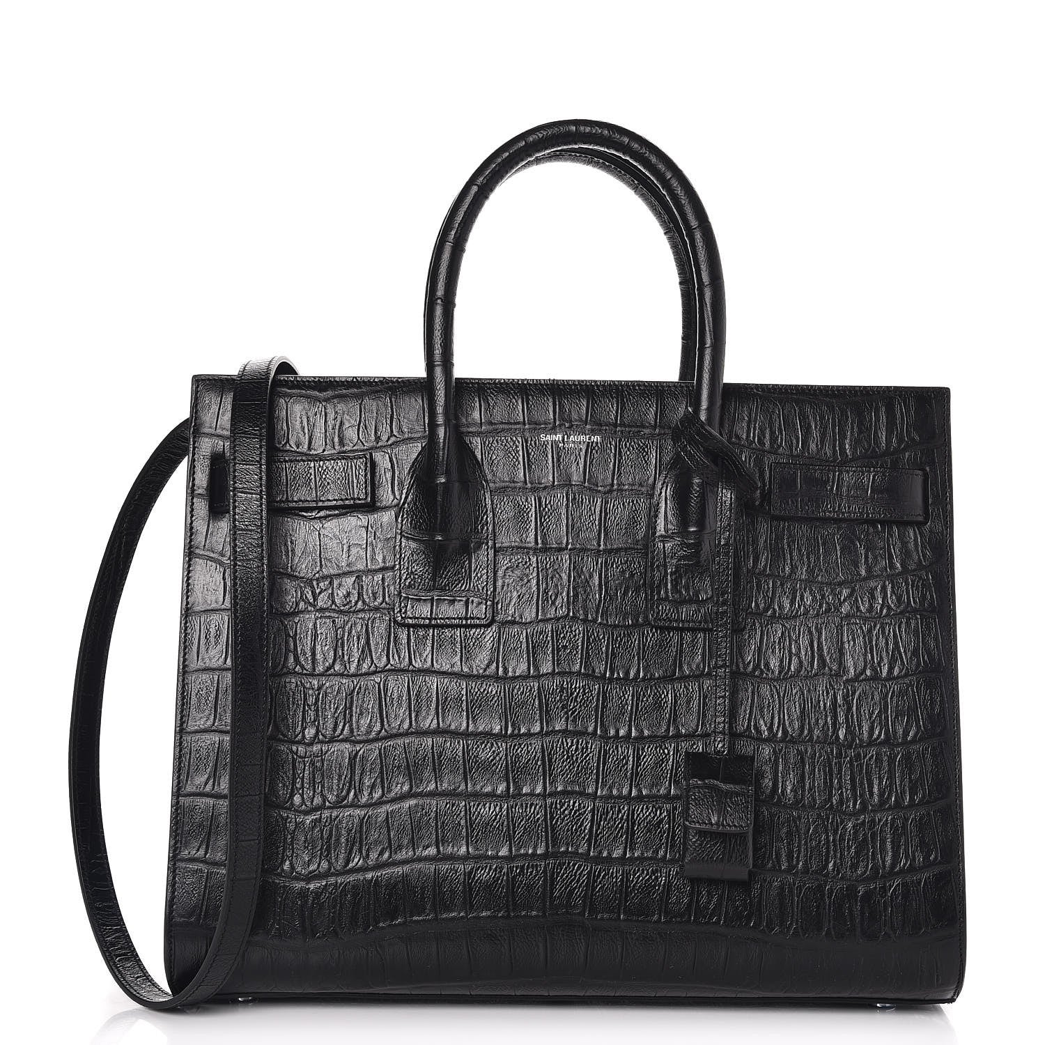 Saint Laurent Croc Calfskin Embossed Small Sac de Jour Black 1 of 7